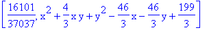 [16101/37037, x^2+4/3*x*y+y^2-46/3*x-46/3*y+199/3]